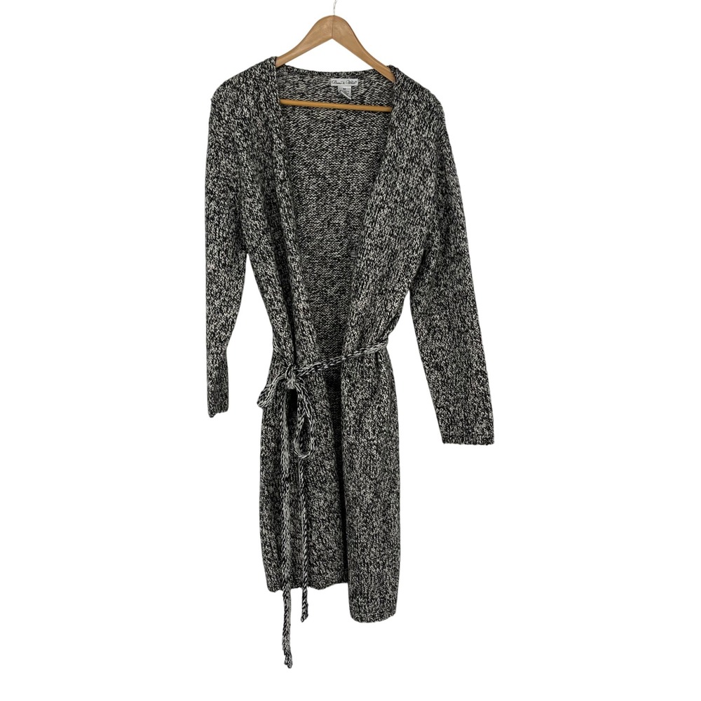 Vintage Mohair Wool Blend Gray White‎ Speckled Knit Belted Long Cardigan Size M